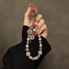 パールビーズ スマホホルダーストラップ 薄ピンク キラキラバッグチャーム新品即納