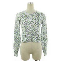 ザラ ZARA ニット カーディガン 長袖 クルーネック コットン 花柄 S 白 ホワイト トップス