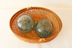 レトロ】ガラス 浮き玉 3個セット 網付き ビン玉 漁具 インテリア 骨董