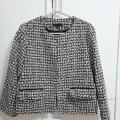 UNIQLO ユニクロ ノーカラー ツイード ジャケット ブラック＆白 (レディースL)