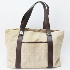 M04-k113 BVLGARI ブルガリ ロゴマニア キャンバス/レザー ポーチ付き トートバッグ ベージュ/ブラウン