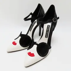Alice+Olivia アリスアンドオリビア ステイシー アンクルストラップ ポインテッド トゥ レザ― ピンヒール 36 ブラック/ホワイト/レッド T09-k022