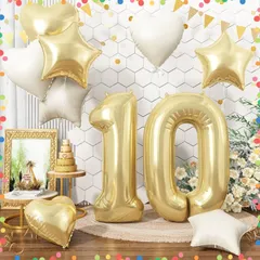 【在庫処分】記念日 飾り お祝い バースデー 10個セット アルミ風船 パーティー スター 星 ハート 女の子 ナンバー10 大きい数字 男の子 10歳 飾り付け 風船セット ライトゴールド バルーン 誕生日