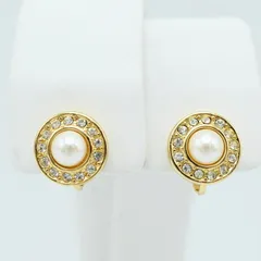 K02-k070 美品 Christian Dior クリスチャンディオール フェイクパール/ラインストーン GP イヤリング ゴールド