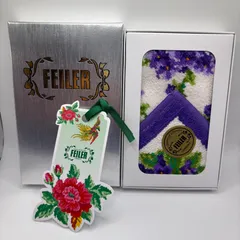 6148　美品　FEILER　フェイラー　ハンカチ　 ハンドタオル　花柄　パープル系　 紫　白　シール付き　箱付き　タグ付き　 シュニール織り　レディース