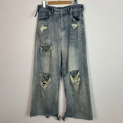 ダメージ デニムパンツ クラッシュ加工 ライトブルー Mサイズ メンズ 古着 ストリート Y2K