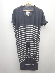 ◇ BEARDSLEY ビアズリー 透け感 リネン混 ボーダー 半袖 膝丈 ニット ワンピース サイズF ネイビー ホワイト レディース P  【1307250026903】