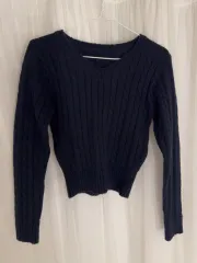 Vネック ケーブル編みニット ネイビー