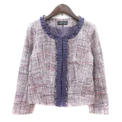 インディヴィ INDIVI ノーカラージャケット 総裏地 ツイード 38 M 紫 パープル /MN