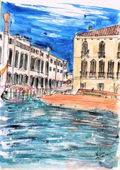 原画#166 黒猫 ベネチア イタリア 風景画 水彩画 ドローイング