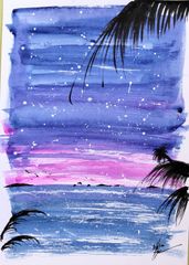 原画#170 黒猫 ロサンゼルス 夕暮れ 水彩画 ドローイング インテリア