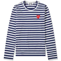 【送料無料】 コム・デ・ギャルソン メンズ Tシャツ トップス Comme des Garcons Play Womens Long Sleeve Heart Logo Stripe Navy