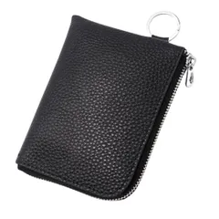 小銭入れ 財布 小銭 コインケース 本革 Ｌ字ファスナー 小さい 薄い リング付 コンパクト 軽い ユニセックス（ブラック）