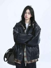 春秋 レディース アメリカンストリートレトロ ブラック PU レザー レトロモーターサイクルジャケット ヘビーウェイトルーズフィット 防風防