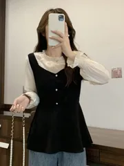 レディースブラックフェイクツーピースシャツ 秋 フレンチスタイルフリルデザイン オフィス・パーティー両用 上品シルエット