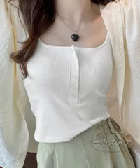 カップ付き Uネックキャミソール レディース ブラキャミ キャミソール 胸元セクシー インナートップス リブ綿混素材 ボタン付き 柔らかい ストレッチ 無地 トップス レイヤードコーデ 夏 快適 着回し 細肩紐 ブラ一体型キャミ