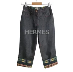 美品 HERMES エルメス デニムパンツ ジーンズ 麻 リネン100％ クロップド ベルト柄 プリント 革パッチ インディゴ サイズ34 レディースのサムネイル