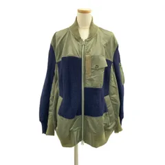 sacai / サカイ | 異素材 切替 MA-1 ニット ドッキング ロゴジップ ボンバージャケット ブルゾン | カーキ/ネイビー | レディース