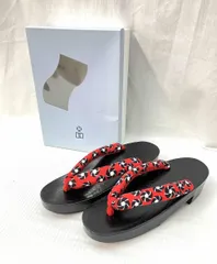 ［箱付］岡重 京都 下駄 24cm 岡重謹染 草履 黒台 赤 鼻緒 木製 厚底 花柄 浴衣用 サンダル 七五三 夏祭り 花火大会 