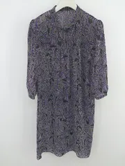 ◇ INDIVI インディヴィ 総柄 バンドカラー 七分袖 膝丈 ワンピース サイズ38 ブラック パープル系 マルチ レディース E 【1303240013502】