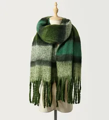 【グリーン】マフラー 大判 ストール ショール チェック グラデーション 起毛 フリンジ 秋冬 メンズ レディース 防寒 暖かい あったか ふわふわ