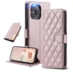 iPhone 13 Pro キルティングレザー調 手帳型ケース エレガント 高質PU マグネット開閉式 カード収納機能 スタンド機能 液晶全面保護 レンズ保護 ストラップ付属(ゴールドピンク)