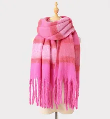 【ピンク】マフラー 大判 ストール ショール チェック グラデーション 起毛 フリンジ 秋冬 メンズ レディース 防寒 暖かい あったか ふわふわ
