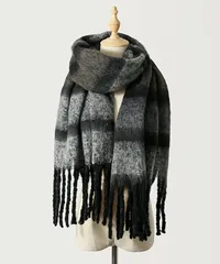 【ブラック】マフラー 大判 ストール ショール チェック グラデーション 起毛 フリンジ 秋冬 メンズ レディース 防寒 暖かい あったか ふわふわ