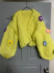 手編み 花 ニット カーディガン