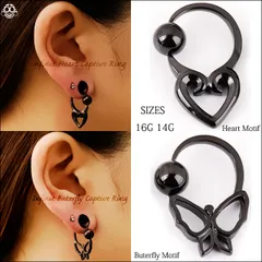 ★早い者勝ち★ 16G  14G　一体型　ブラック　バタフライ＆ハート　キャプティブビーズリング　リングピアス　ボディピアス【BodyWell】