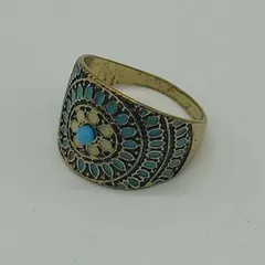 ヴィンテージ風 ターコイズリング ゴールドカラー インディアンジュエリー調2FM024【18号】ユニセックス