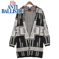 10s ANTI BALLISTIC アンティバルリスティック ネイティブ総柄 フード ロングニットカーディガン 黒×グレー L