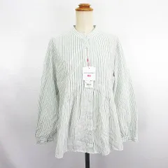 ユニクロ UNIQLO ×イネス・ド・ラ・フレサンジュ INES DE LA FRESSANGE ブラウス シャツ 長袖 バンドカラー ストライプ ピンタック コットン L ブルー ※EKM