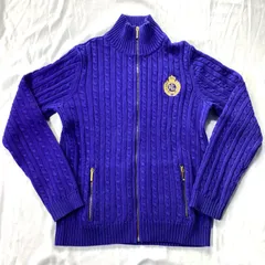 LAUREN RALPH LAUREN ローレンラルフローレン カーディガン ケーブルニット ブルー 胸ロゴ 刺繍 金 コットン サイズL