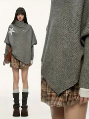 レディース Y2K ケープカラー 非対称オーバーサイズ セーターコート - ハイネック 冬用暖かいジャケット | ブラウン/ベージュ チェック＆ラ