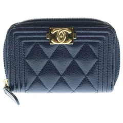 CHANEL (シャネル) ボーイシャネル ラウンドファスナー カード・コインケース 財布 ウォレット ネイビー ブルー キャビアスキン ゴールド金具