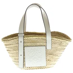 LOEWE (ロエベ) バスケット アナグラムロゴ レザーパッチ ラフィア カゴ ハンド トートバッグ ホワイト