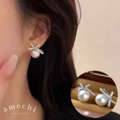 イヤリング 痛くない 大ぶり 大きい ジルコニア パール 真珠 リボン ノンホール ピアス見え シルバー クリップ シリコンカバー レディース E25-031