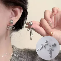 イヤリング 痛くない 40代 50代 揺れる 大ぶり 大きい ロング パール 真珠 リボン ノンホール ピアス見え シルバー クリップ シリコンカバー レディース E25-032