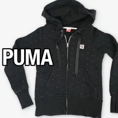 【美品】PUMA プーマ レディース ジップアップパーカー リボン柄 総柄 サテンリボン エルボーパッチ ブラック 黒 M スポーツ カジュアル 古着