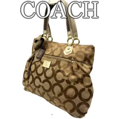 コーチ COACH ポピー オプアート トートバッグ キャンバス レザー ブラウン ベージュ リボン チャーム付 肩掛け ハンドバッグ Poppy Op Art