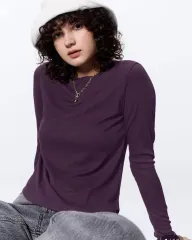 日本 GU ソフト リー クルーネック T バーガンディ