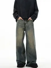 アメリカンハイストリート ヴィンテージ風 ウォッシュド ルーズジーンズ ユニセックス ワイドレッグ デニムパンツ トレンド カジュアル ストリートウェア