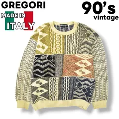 【美デザイン】 90s ヴィンテージ イタリア製 グレゴリー GREGORI 3D ウール ニット LL 総柄 ベージュ x マルチカラー メンズ