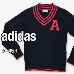 【未使用品・汚れあり】アディダス Vネックニットセーター ケーブル編み Aロゴ レッド×ネイビー レディース S プレッピー 古着