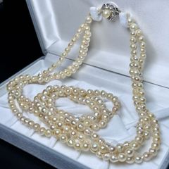 照り干渉色抜群✨あこや真珠約7.5mmロングパールネックレス2連3連