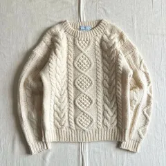 〜90s　vintage　CRESENT MAX　立体編み　肉厚ウールニット　短丈　セーター　フィッシャーマンニット　アランニット　ケーブル編み　Uネック　生成り色　M　一点物　Y2K　C-BOY　アウトドア　3D design fisherman knit