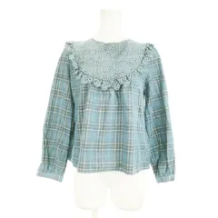 ザラウーマン ZARA WOMAN ブラウス カットソー コーデュロイ クルーネック 長袖 カットワーク レース チェック 小さいサイズ XS 水色 ブルー /AH7