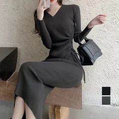 ワンピース カシュクール リブニットワンピース 秋冬