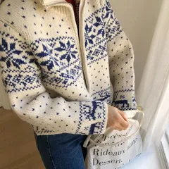 カーディガン レディース ニット セーター クリスマス衣装 雪の結晶 プリント アウター カジュアル トップス 前開き 秋冬 防寒 暖かい ゆっ